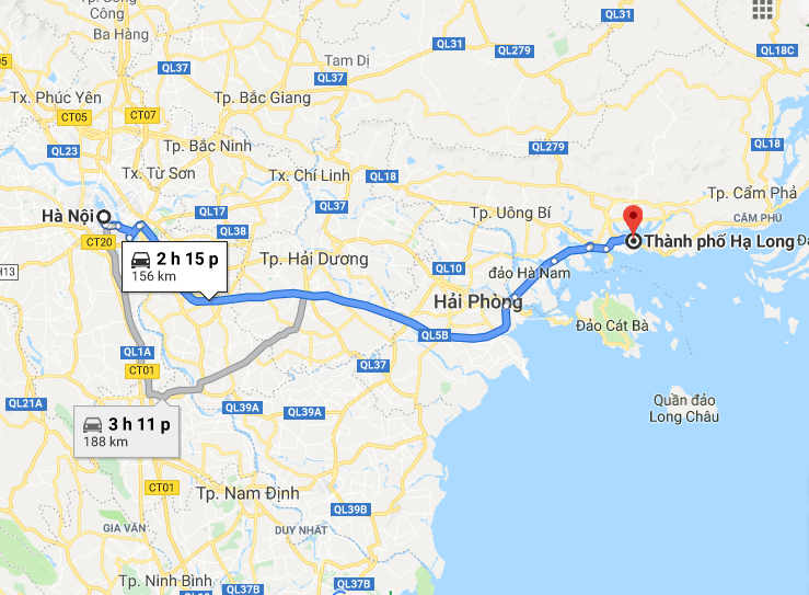 Ha Long is about 156km from Ha Noi