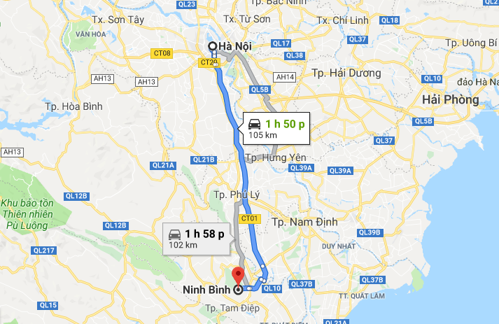 Ninh Binh is about 105km from Hanoi